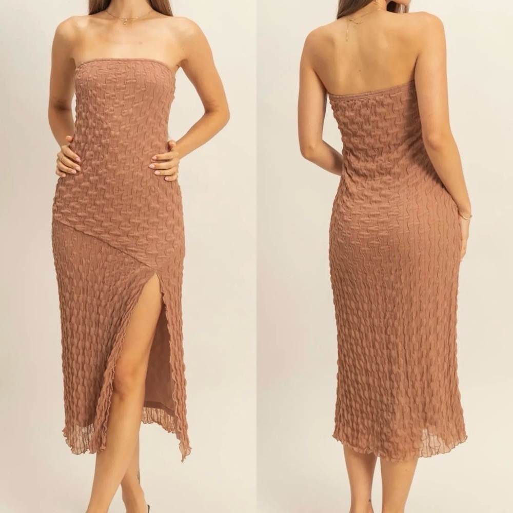 NEW HYFVE Tan Brown Strapless Textured Midi Sheath Dress Side Slit Size Small
